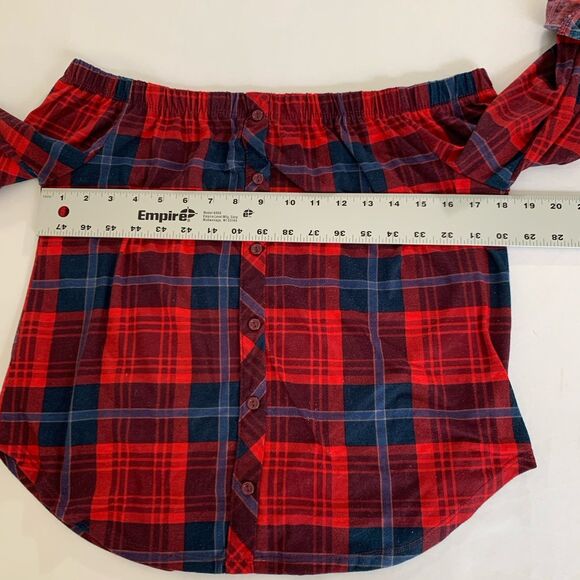 Ambiance Off Shoulder Top Women S Red Navy Plaid Roll Tab July Holiday Western - Picture 5 of 8